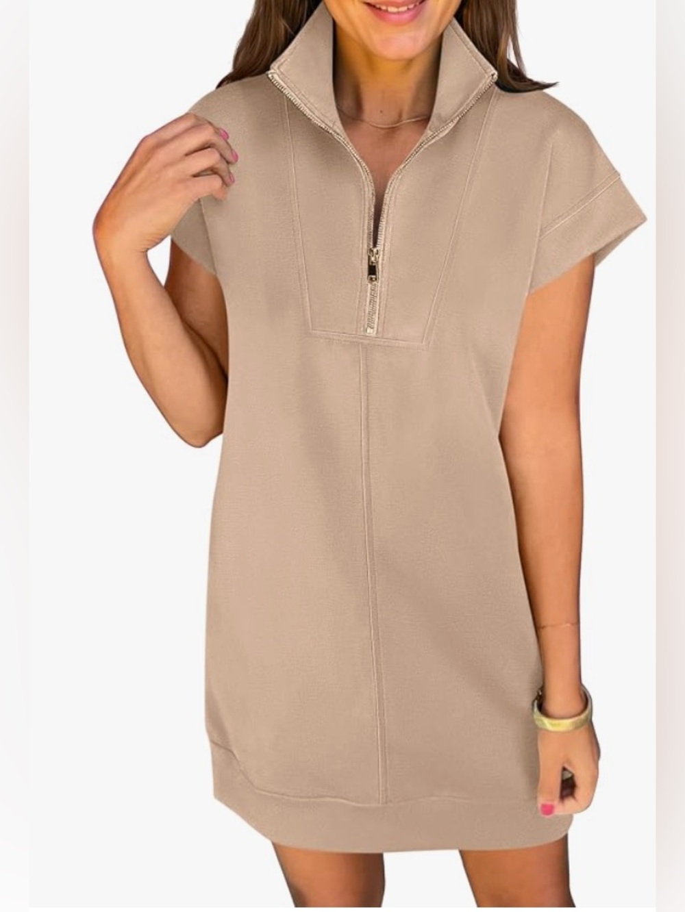 ANRABESS Taupe Quarter Zip Sweatshirt Dress Size M